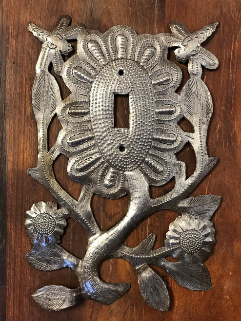 Folk Art Flower Switch Plate Cover, Dragonflies, Recycled Metal Made in Haiti, 5.5" x 9"