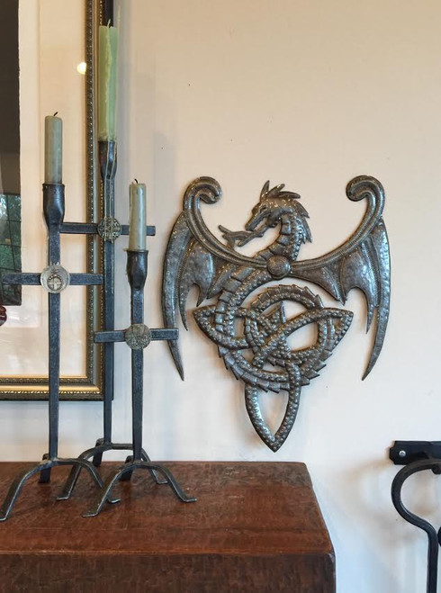 metal wall art , haiti, fair trade recycled, Celitc Dragon, Celtic Home Decor, Celtic Sculpture