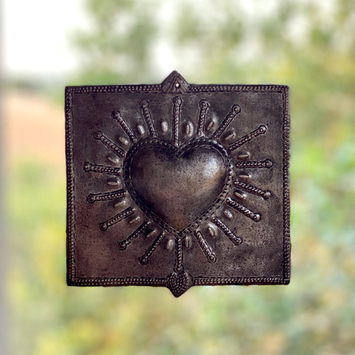 Squared Milagro Heart, Handmade in Haiti from recycled oil drums, Metal Wall Art, 9" x 9" Squared Milagro Heart, Handmade in Haiti from recycled oil drums, Metal Wall Art, 9" x 9"