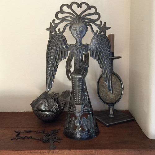 Standing Metal Angel Playing a Drum Made from Recycled Steel in Haiti Fair Trade Project