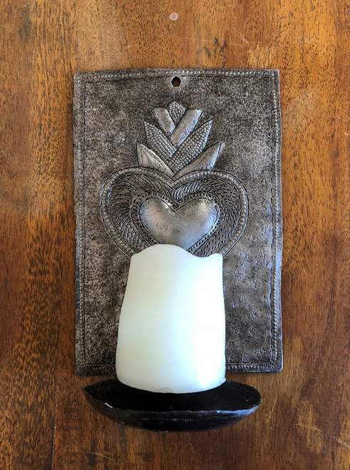 New Metal Heart Wall Sconce Candle Holder, "Milagros" design Crafted in Haiti 4" x 6" x 3" (candles not included)