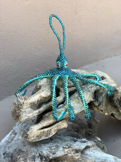 Octopus Aqua Teal, Ornament, Hand Beaded made in Guatemala