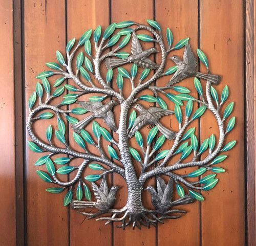 Garden Tree Painted, Metal Decor Plaque, Tree of life, Handmade in Haiti 23"