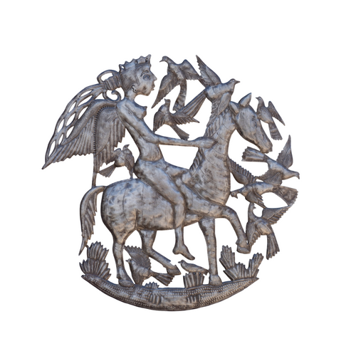 Handcrafted Haitian Metal Art, Angelic Horseman, Angel on Horse, Birds with Angels, Angel Riding a Horse  Handcrafted Haitian Metal Art, Angelic Horseman, Angel on Horse, Birds with Angels, Angel Riding a Horse