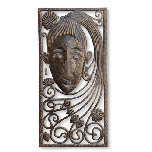 Mask, Haitian Woman, 80's Girl, Ponytail, Girl, One-of-a-Kind, Limited Edition, Sustainable, Eco-Friendly, Handcrafted, Handmade, Recycle, Recyclable, Oil Barrels Mask, Haitian Woman, 80's Girl, Ponytail, Girl, One-of-a-Kind, Limited Edition, Sustainable, Eco-Friendly, Handcrafted, Handmade, Recycle, Recyclable, Oil Barrels