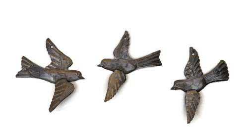 Metal Birds, Set of 3, Handmade Wall Art, Folk Art, 3-D, Bird Collectibles, Novelty Gift, Facing Left and Right Mix, 5 x 4.5 Inches