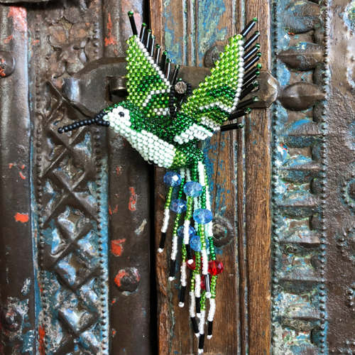 Hummingbird, Beaded Ornamental Figurine, Green Tones, White, Blue, and Red Christmas Tree Ornaments, Holiday Decoration, Handmade in Guatemala 3 Inches x 5 Inches