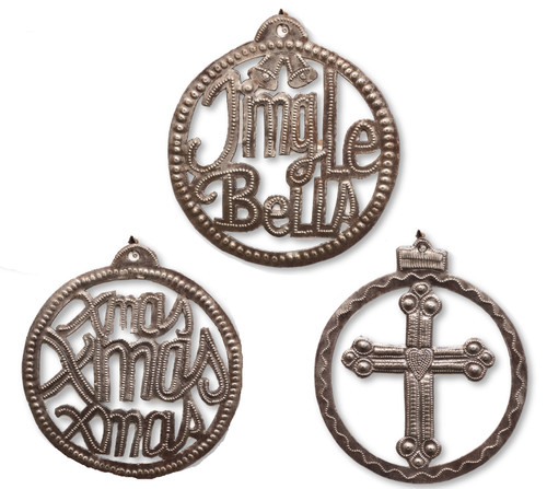 Christmas Ornaments, Jingle Bells, Cross, Round Sphere, Home Decorations, Small, Handmade in Haiti, Gift Giving 5 x 5 Inches Set of 3 Christmas Ornaments, Jingle Bells, Cross, Round Sphere, Home Decorations, Small, Handmade in Haiti, Gift Giving 5 x 5 Inches Set of 3