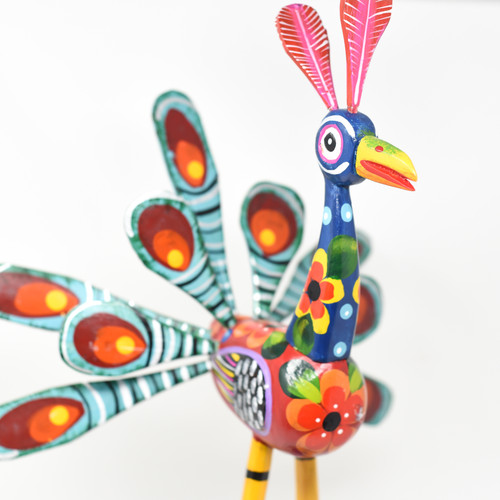 Peacock Multicolored, Carved Wood, Wooden Art Handcrafted in Guatemala, One-of-a-Kind Art, 13" x 21" x 11"