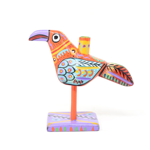 Bird Candle Holder, Colorful, Carved Wood, Wooden Art Handcrafted in Guatemala, One-of-a-Kind Art, 8" x 6.5" x 3.5"