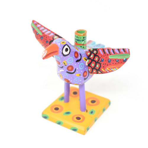 Bird Candle Holder, Colorful, Carved Wood, Wooden Art Handcrafted in Guatemala, One-of-a-Kind Art, 7" x 7" x 6.5"