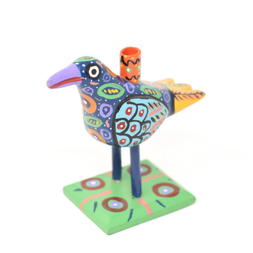 Bird Candle Holder, Colorful, Carved Wood, Wooden Art Handcrafted in Guatemala, One-of-a-Kind Art, 7.5" x 6.5" x 4"