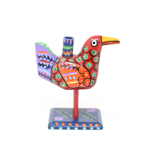 Bird Candle Holder, Colorful, Carved Wood, Wooden Art Handcrafted in Guatemala, One-of-a-Kind Art, 8" x 10" x 4"