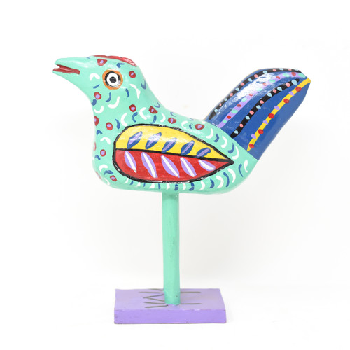 Bird Green,  Multicolored, Carved Wood, Wooden Art Handcrafted in Guatemala, One-of-a-Kind Art, 10" x 9.5" x 4"