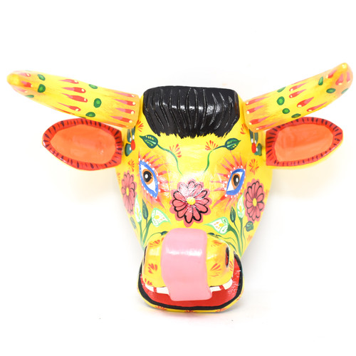 Bull Mask Yellow Floral, Hand Carved in Guatemala, By Artist Rodrigo Canil  10" x 5" x 6"