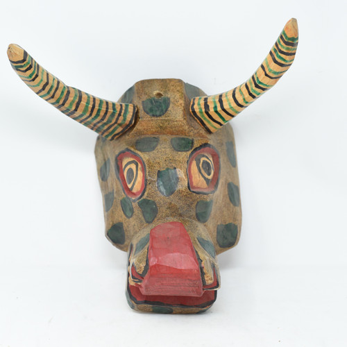 Bull Mask, Whimsical Dance Mask, Hand Carved Wood Guatemala 12" x 10" x 9"