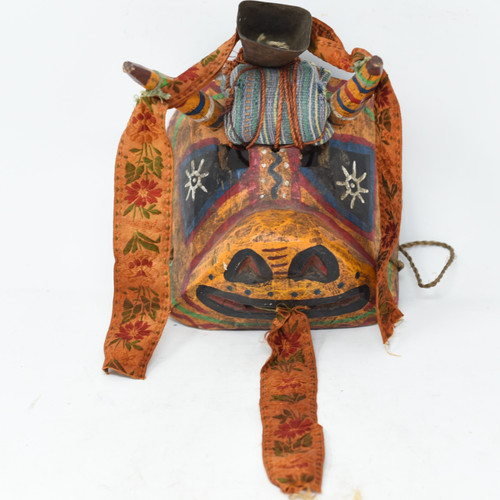 Bull Mask with Bell, Whimsical Dance Mask, Hand Carved Wood Guatemala 6.5" x 6.5" x 7" Bull Mask with Bell, Whimsical Dance Mask, Hand Carved Wood Guatemala 6.5" x 6.5" x 7"