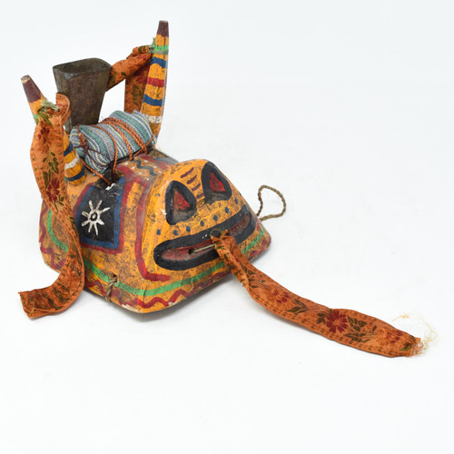 Bull Mask with Bell, Whimsical Dance Mask, Hand Carved Wood Guatemala 6.5" x 6.5" x 7"