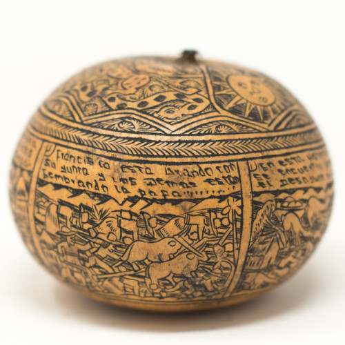 Peruvian Gourd Carved with Extreme Detail, A Story of Claudia's Life, Sun Moon on Top  3.5" x 2.5" Peruvian Gourd Carved with Extreme Detail, A Story of Claudia's Life, Sun Moon on Top  3.5" x 2.5"