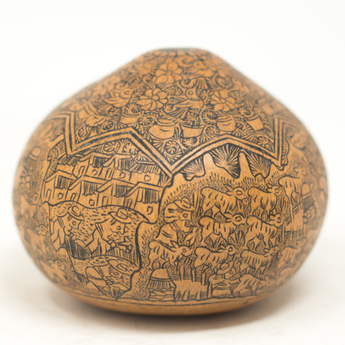 Peruvian Gourd Carved with Extreme Detail, A Story of Farming and Dancing LLamas, and Flowers 4" x 3"