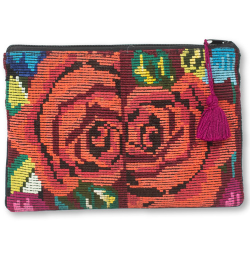 Upcycled Hand Woven Zip Purse from Chichicastenango Guatemala, Made from a Traditional Blouse "Huipil" and Skirt "Corte" 9.5" x 6.25" with Coral Tassel Accent