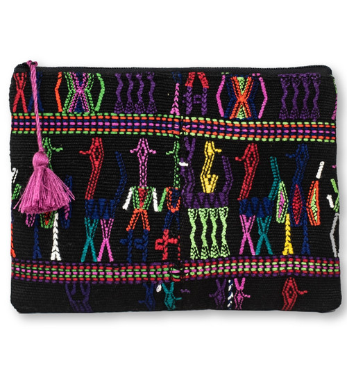 Upcycled Hand Woven Zip Purse from Cotzal Guatemala, Made from a Traditional Blouse "Huipil" and Skirt "Corte" 9" x 6.5" with Pink Tassel Accent