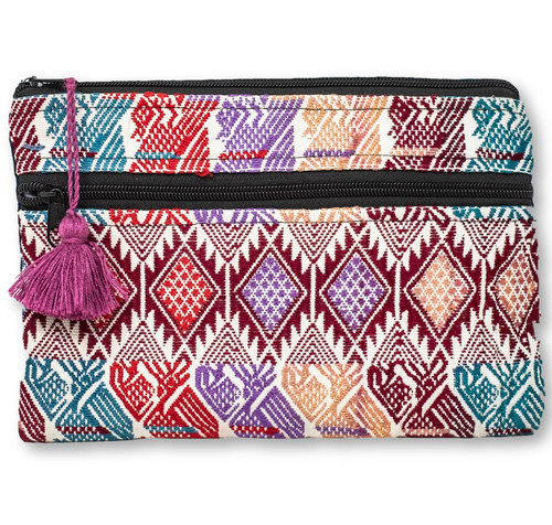Upcycled Hand Woven Zip Purse from Guatemala, Made from a Traditional Blouse "Huipil" and Skirt "Corte" 9" x 6" with Pink Tassel Accent, Guatemalan Textile, Guatemalan Huipil Purse  Upcycled Hand Woven Zip Purse from Guatemala, Made from a Traditional Blouse "Huipil" and Skirt "Corte" 9" x 6" with Pink Tassel Accent, Guatemalan Textile, Guatemalan Huipil Purse