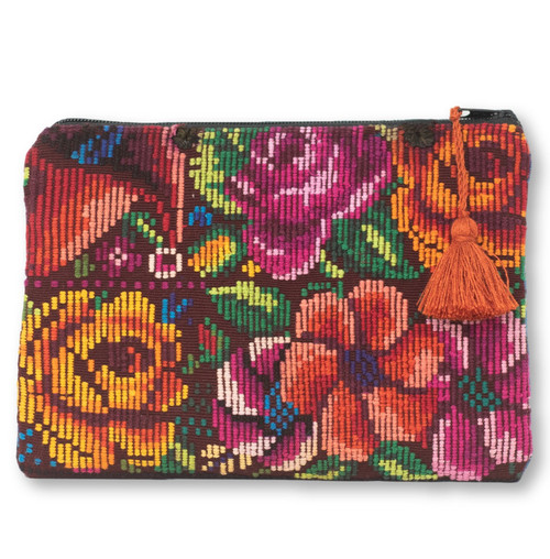 Upcycled Hand Woven Floral Zip Purse from Chichicastenango Guatemala, Made from a Traditional Blouse "Huipil" and Skirt "Corte"  9" x 6.25" with Coral Tassel Accent, Floral Purse, Floral Corte Skirt, Floral Zip PUrse, Floral Huipil, Floral Textile Purse, Handwoven Textile Purse 