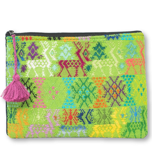 Upcycled Hand Woven Zip Purse from Guatemala, Made from a Traditional Blouse "Huipil" and Skirt "Corte" 9" x 6.5" with Pink Tassel Accent Upcycled Hand Woven Zip Purse from Guatemala, Made from a Traditional Blouse "Huipil" and Skirt "Corte" 9" x 6.5" with Pink Tassel Accent