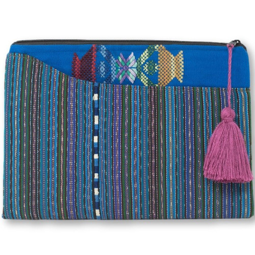 Up-cycled Hand Woven Zip Purse from Guatemala, Made from a Traditional Blouse "Huipil" and Skirt "Corte" 10.75" x 7.75" with Tassel