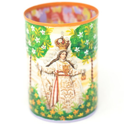 Hand Painted Upcycled Tin Can Pencil Holder with the Virgin of Candelaria one of a kind art 3" x 4"