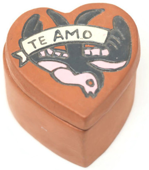 "Te Amo", I Love You, Hand painted clay box Peru  2" x 2" x 1.5" Folk 45