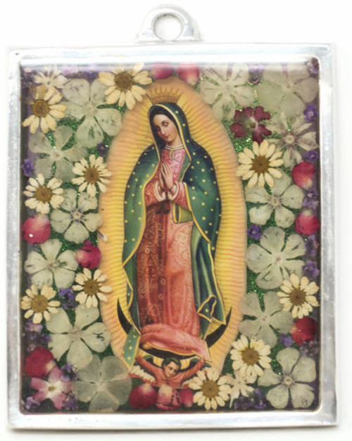 The Virgin, Our Lady of Guadalupe, Plaque with real dried Flowers encased in Resin with a Pewter Frame 4" x 4.75" x .5" Folk Art