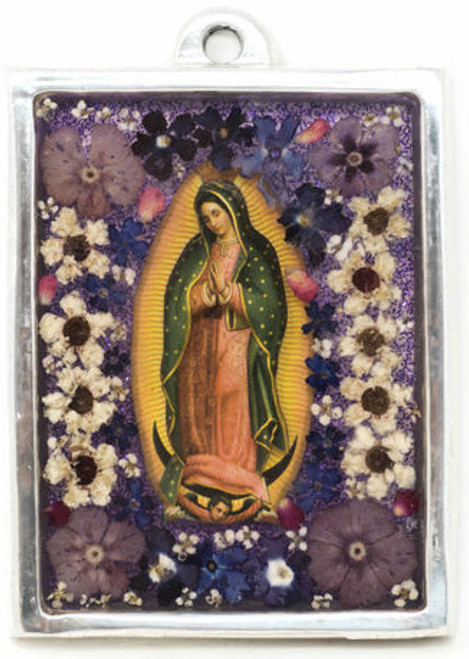 The Virgin, Our Lady of Guadalupe, Plaque with real dried Flowers encased in Resin with a Pewter Frame 3" x 4" x .5" Folk Art