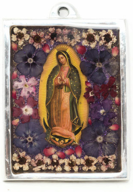 The Virgin, Our Lady of Guadalupe, Plaque with real dried Flowers encased in Resin with a Pewter Frame 3" x 4" x .5" Folk Art