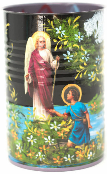 Hand Painted Up-cycled Tin Can Pencil Holder Shepherd and Arch Angel, One of a kind art 3" x 4"  Folk Art Hand Painted Up-cycled Tin Can Pencil Holder Shepherd and Arch Angel, One of a kind art 3" x 4"  Folk Art