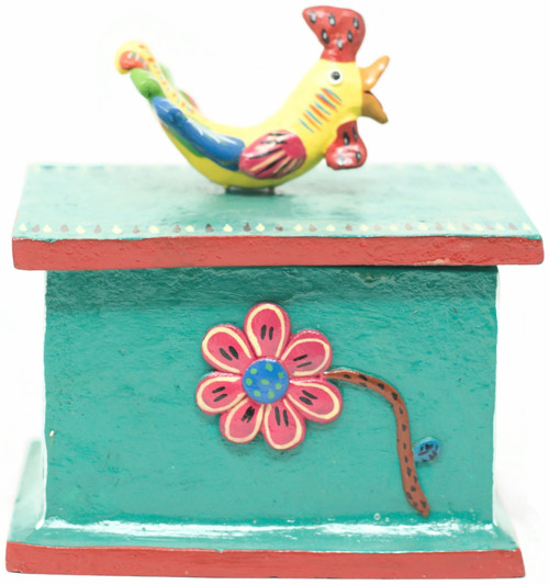 Gerardo Ortega - Mexican Folk Art, Green Box with Rooster, 5.5" x 4.5" x 5.5"