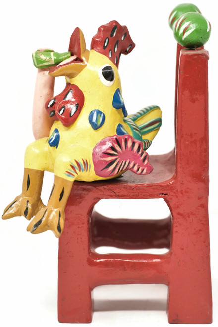 Gerardo Ortega - Mexican Folk Art, Rooster on Chair Drinking a Beer, 9" x 3.5" x 4" Ortega 40