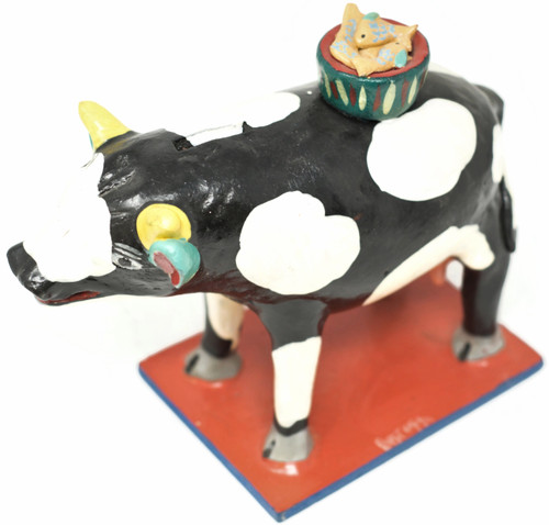 Piggy Bank Cow WIth a Basket of Fish, One of a Kind, Handmade in Mexico, Ortega Family, 9" x 7" x 4"