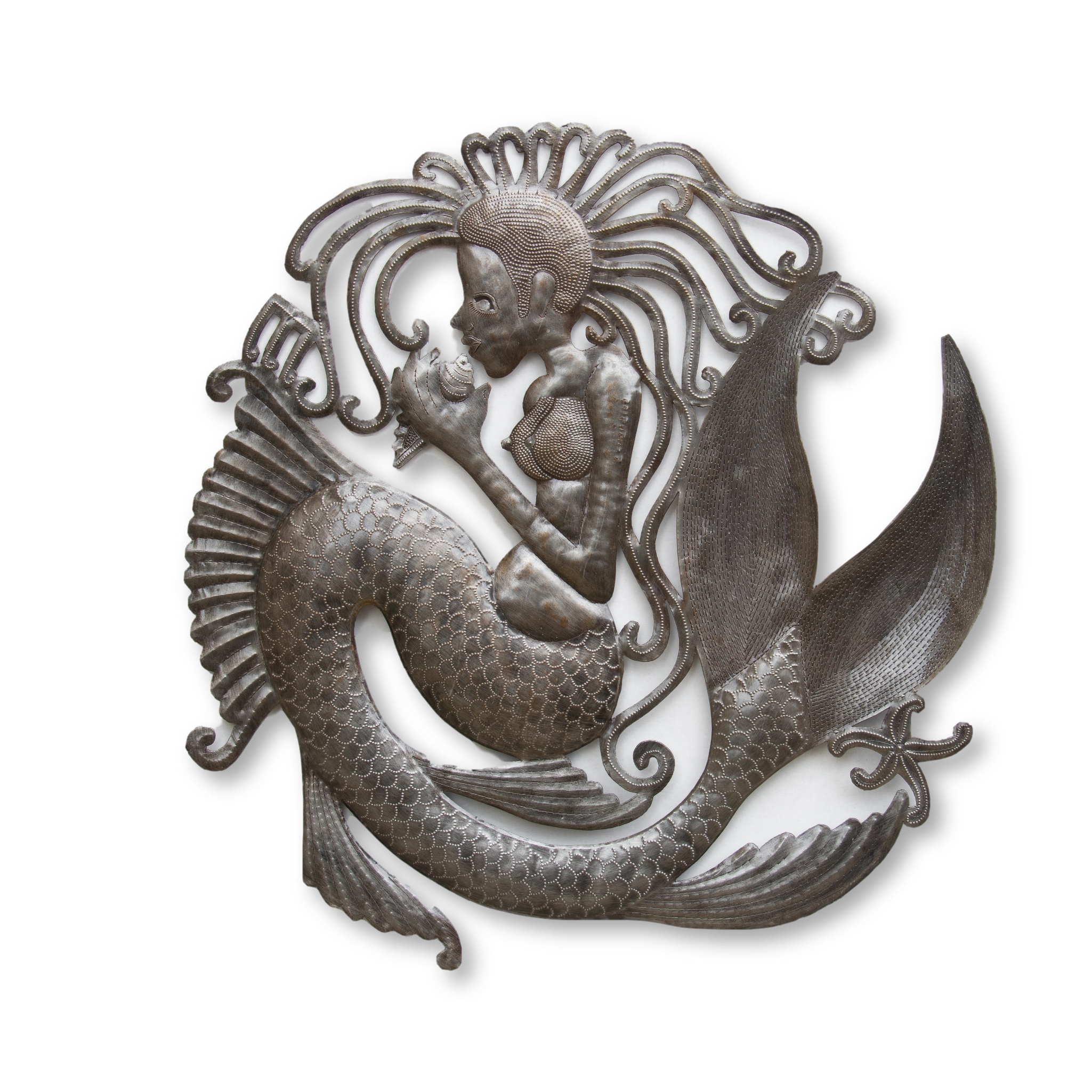 Mermaid Playing With Shell Nautical Metal Sculpture Limited Edition Art