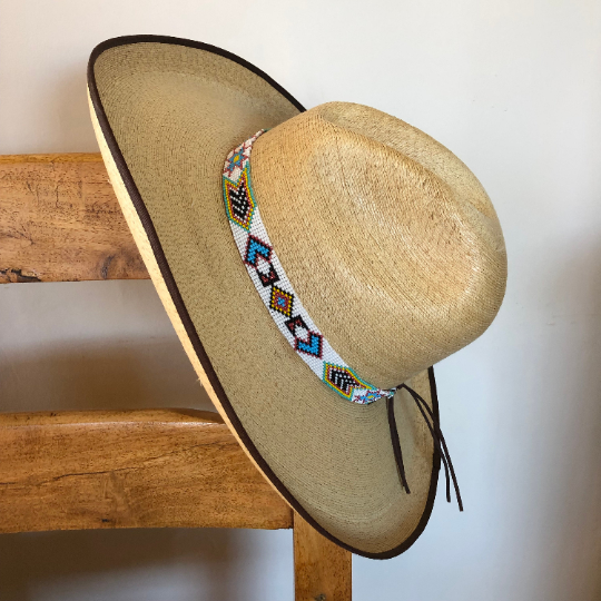 Hat Band, Hatband, Cowboy, Western, Leather, Beaded, Aztec Style, Multi Colors, Handmade in Guatemala 7/8 x 21 (Hatband 25)
