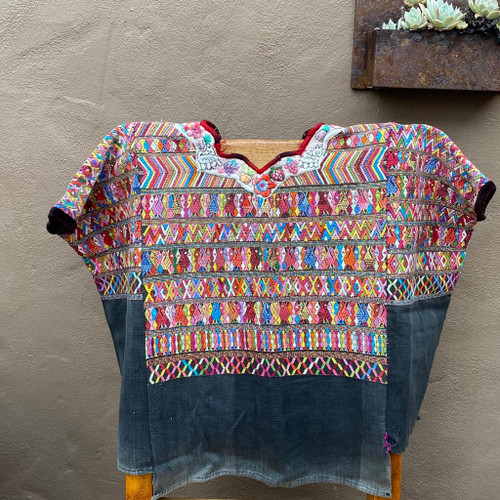 Top Smocked Guatémaltèque Vintage En Coton Tissé Main - Motif Zigzag Ethnique Bordeaux Multicolore - Taille M