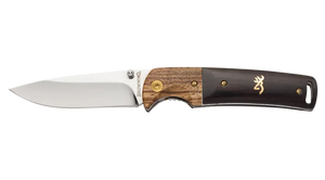 Browning 3220231 Buckmark Hunter EDC 3" Folding Drop Point, Plain Mirror Polished 8Cr14MoV SS Blade, Black/Natural Finger Grooved w/Brass Accents Hardwood Handle, Includes Pocket Clip                 