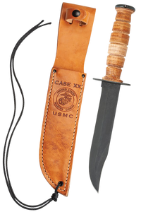 Case 00334 USMC  7" Fixed Clip Point Plain Blackened 1095 Carbon Steel Blade Grooved Leather Handle                                                                                                     