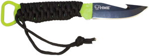 HME HMEKN-SKFBG Skeleton  4.5" Fixed Gut Hook Plain Black Oxide Stainless Steel Blade/Black/Green Cord Wrapped Micarta Handle Includes Sheath                                                           