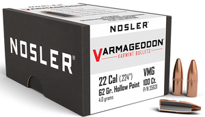 Nosler 35631 Varmageddon  22Cal 62gr Flat Base Hollow Point 100/Box                                                                                                                                     