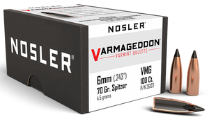 Nosler 26123 Varmageddon  6mm 70gr Flat Base Tipped 100/Box                                                                                                                                             