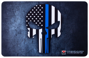 TekMat TEKR17PUNISHERBL Punisher Blue Line Cleaning Mat 17"x11" Black/White/Blue Thermoplastic Fiber Top w/Vulcanized Rubber Back/ Blue Line Punisher Skull Illustration                                