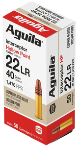 Aguila 1B220321 Interceptor Rimfire 22LR 40gr Copper Plated Hollow Point 50 Per Box/20 Case Aguila 1B220321 Interceptor Rimfire 22LR 40gr Copper Plated Hollow Point 50 Per Box/20 Case