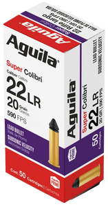 Aguila 1B220339 Super Colibri Rimfire 22LR 20gr Subsonic Lead 50 Per Box/20 Case                                                                                                                         Aguila 1B220339 Super Colibri Rimfire 22LR 20gr Subsonic Lead 50 Per Box/20 Case
